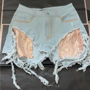 Trendy Light Blue Distressed Jean Shorts with Sequin Accents